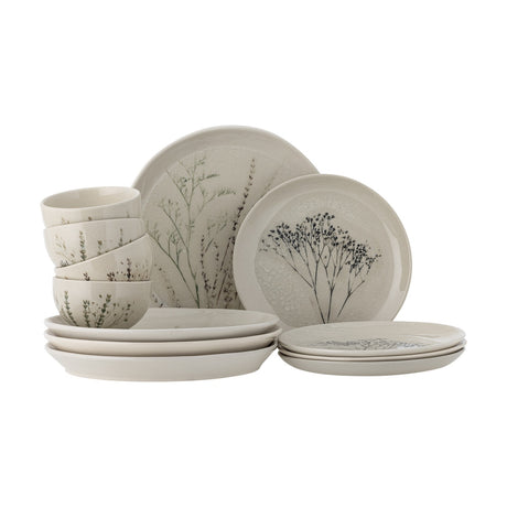 Bea Crackle Stoneware Dinner Set of 12 in cream, with four bowls, four side plates and four dinner plates featuring botanical grass and floral motifs, shown on a white background.