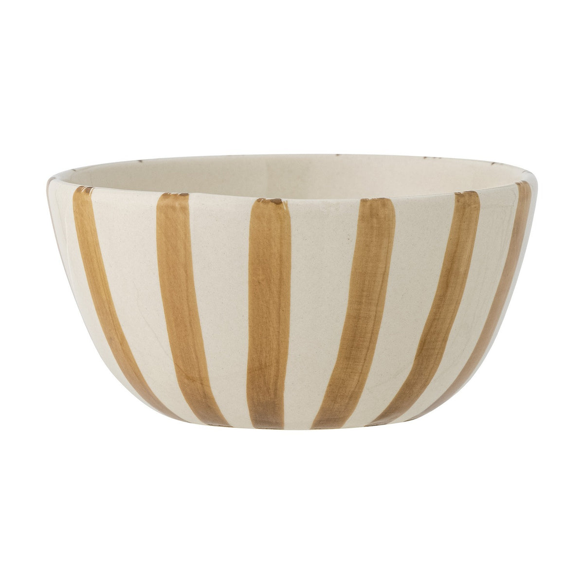Begonia Striped Stoneware Bowl 14cm in Brown, a round ceramic bowl with hand-painted brown vertical stripes on a cream base, shown on a plain white background.