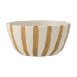 Begonia Striped Stoneware Bowl 14cm in Brown, a round ceramic bowl with hand-painted brown vertical stripes on a cream base, shown on a plain white background.
