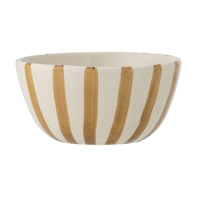 Begonia Striped Stoneware Bowl 14cm in Brown, a round ceramic bowl with hand-painted brown vertical stripes on a cream base, shown on a plain white background.