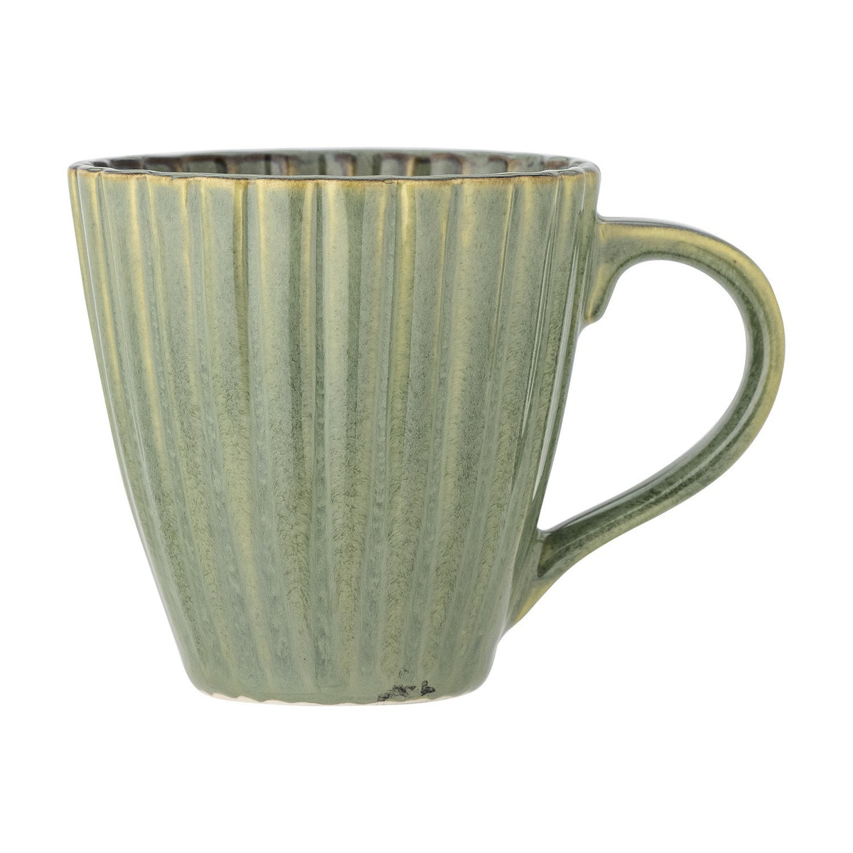 Latina Fluted Stoneware Cup 220ml in green, showing close vertical ribbing, a flared body, and an open loop handle, set against a plain white background.
