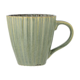 Latina Fluted Stoneware Cup 220ml in green, showing close vertical ribbing, a flared body, and an open loop handle, set against a plain white background.