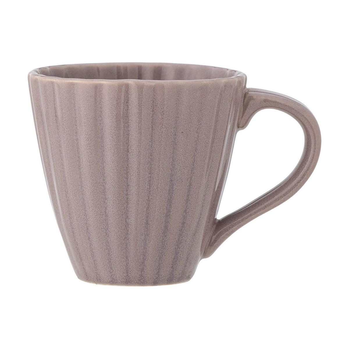 Latina Fluted Stoneware Cup in pink with vertical ridged texture, a narrow base flaring to a wide rim, and a rounded loop handle, shown on a plain white background.