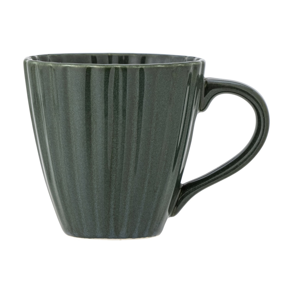 Latina Stoneware Cup 220ml in green, featuring a fluted ribbed body, glossy glaze, and an open loop handle, shown on a plain white background.