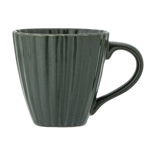 Latina Stoneware Cup 220ml in green, featuring a fluted ribbed body, glossy glaze, and an open loop handle, shown on a plain white background.