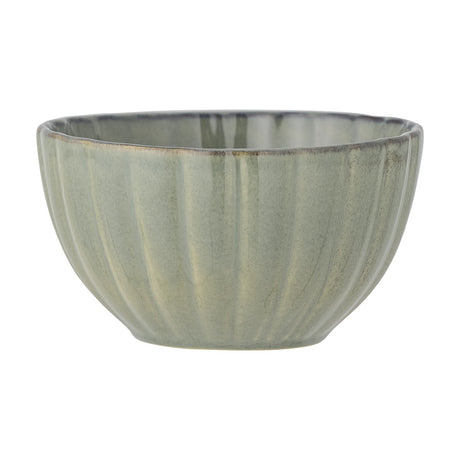 Latina Stoneware Bowl 12cm in green with fluted sides, a gently waved rim, and a darker rim edge, shown on a plain white background.