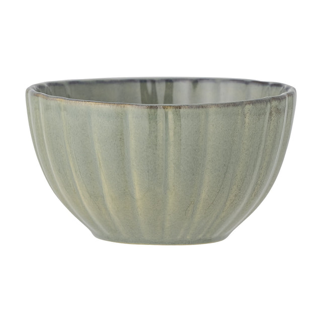 Latina Stoneware Bowl 12cm in green with fluted sides, a gently waved rim, and a darker rim edge, shown on a plain white background.