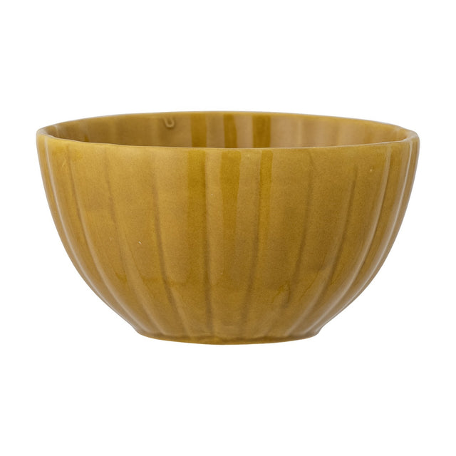 Latina Stoneware Bowl 12cm in yellow, a round fluted bowl with vertical ribs, glossy ceramic finish, and tapered foot, shown on a plain white background.