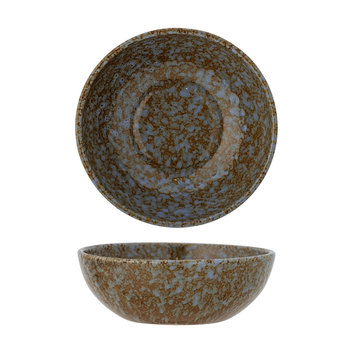 Paula Mottled Stoneware Bowl 16cm in brown, shown from above and in profile, with a rounded rustic ceramic body and mottled blue-brown reactive glaze on a plain white background.