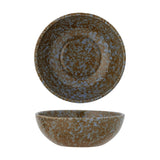 Paula Mottled Stoneware Bowl 16cm in brown, shown from above and in profile, with a rounded rustic ceramic body and mottled blue-brown reactive glaze on a plain white background.