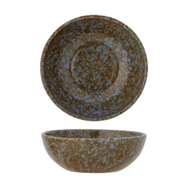Paula Mottled Stoneware Bowl 16cm in brown, shown from above and in profile, with a rounded rustic ceramic body and mottled blue-brown reactive glaze on a plain white background.