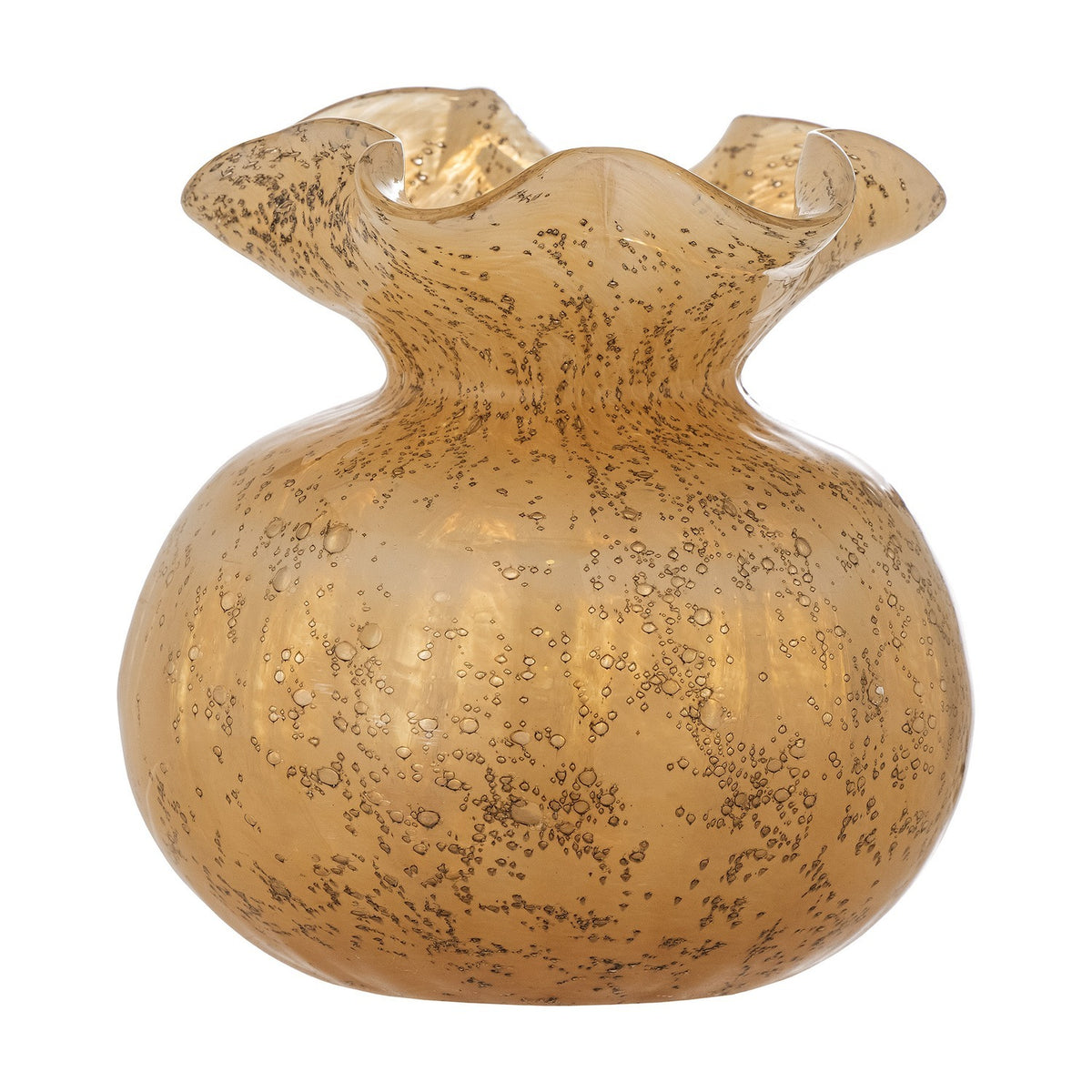 Thebe Glass Vase 12cm in Amber, a round bubble-glass vase with a pinched neck and ruffled flared rim, speckled amber finish, shown on a plain white background.