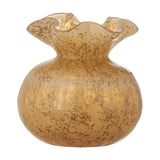 Thebe Glass Vase 12cm in Amber, a round bubble-glass vase with a pinched neck and ruffled flared rim, speckled amber finish, shown on a plain white background.