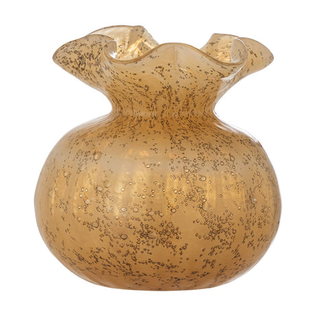 Thebe Glass Vase 12cm in Amber, a round bubble-glass vase with a pinched neck and ruffled flared rim, speckled amber finish, shown on a plain white background.
