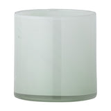 Sakkara Glass Tealight Holder in Green, a straight-sided cylindrical candle holder in frosted glass, shown on a plain white background.