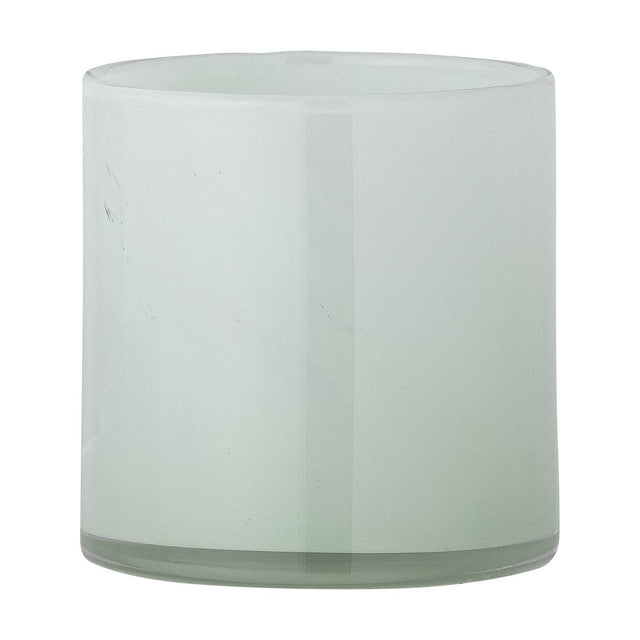 Sakkara Glass Tealight Holder in Green, a straight-sided cylindrical candle holder in frosted glass, shown on a plain white background.