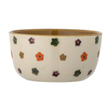 Addy Stoneware Bowl 12cm in cream, with a brown interior glaze and hand-painted flower dots in red, green, purple and mustard around the exterior, shown on a plain white background.