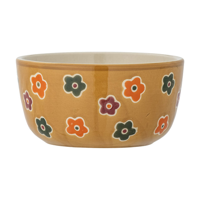 Addy 12cm Stoneware Bowl in Brown, a children's ceramic bowl with glossy brown exterior, hand-painted flower pattern, and plain cream interior, shown on a white background.