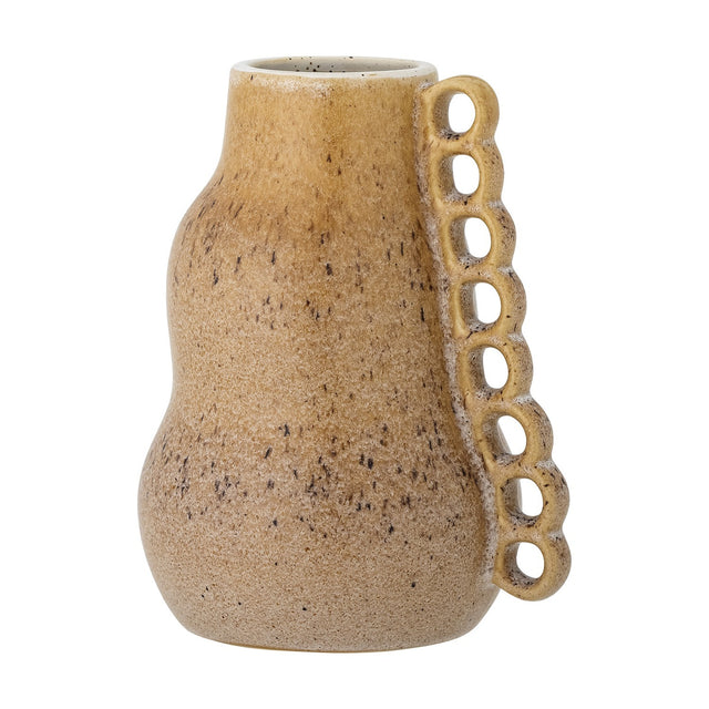 Souri Stoneware Vase 23cm in brown, featuring a rounded, speckled body with a narrow neck and a sculptural side column of open ring loops, shown on a plain white background.
