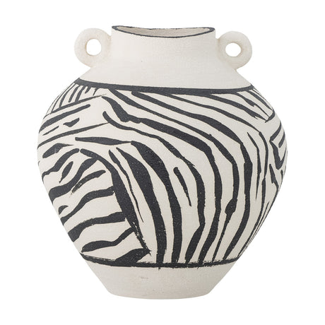 Togo Striped Stoneware Vase 26cm in white, round-bodied with bold zebra-like black stripes, small loop handles at the neck, on a plain white background.