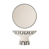Cream Mayotte Stoneware Pedestal Bowl 26cm with flared footed base, black loop pattern below rim, arched dot design at base, shown from above and in profile.