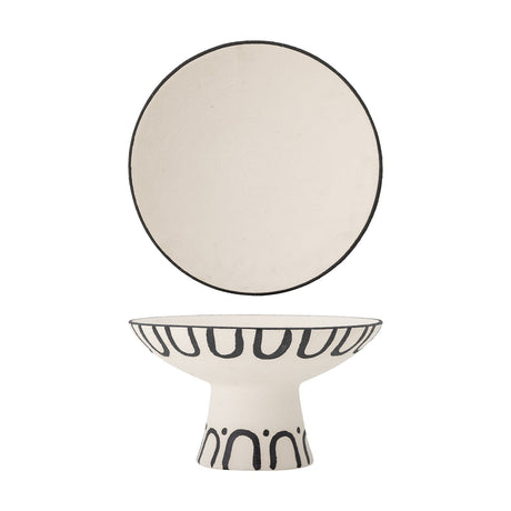 Cream Mayotte Stoneware Pedestal Bowl 26cm with flared footed base, black loop pattern below rim, arched dot design at base, shown from above and in profile.