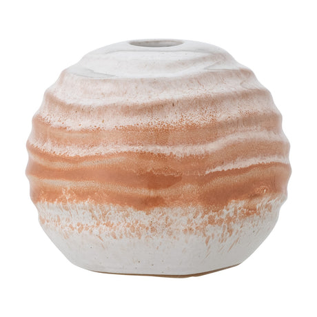 Paula Round Stoneware Candle Holder in orange, a ridged ceramic sphere with reactive glaze bands fading to white, single top opening, shown on a plain white background.