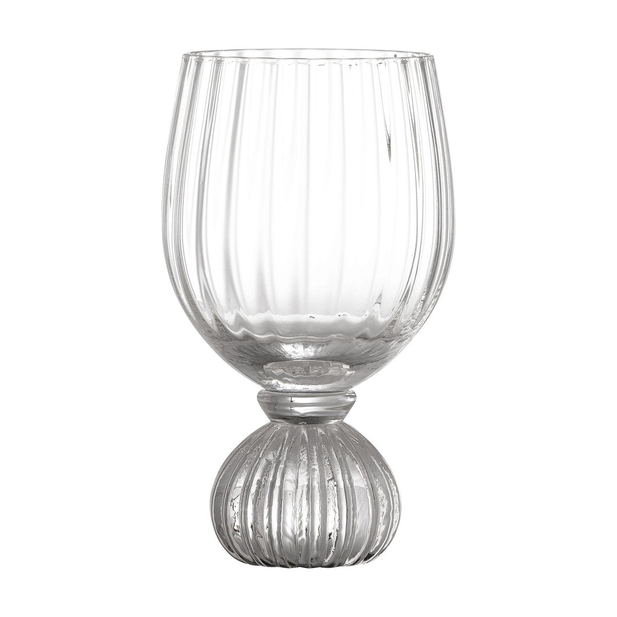Taurin Round Wine Glass in clear ribbed glass with a bowl-shaped cup and short round footed base, shown against a plain white background.
