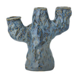 Tahoka Stoneware Candle Holder in blue, a branch-like three-arm design with candle sockets at varying heights, textured ceramic finish, shown on a white background.