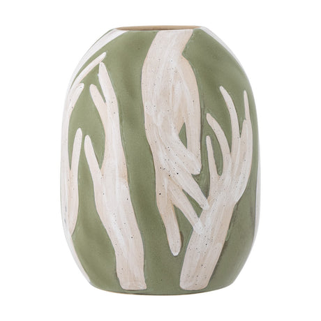 Adalena Stoneware Vase 30.5cm in green, a rounded, pebble-like form with a hand-reaching motif brushed in light cream across its body, shown against a plain white background.