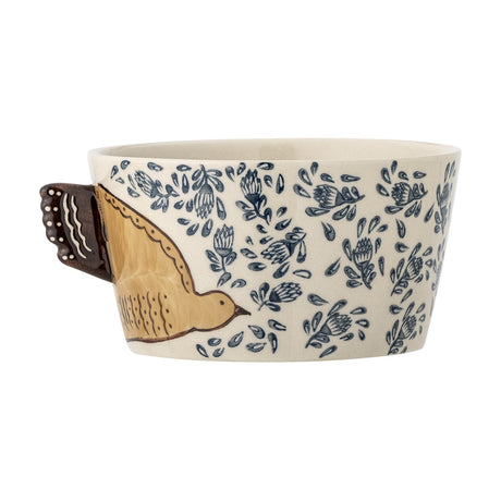 Hezha Floral Stoneware Bowl 13cm in cream, hand-painted with navy floral pattern and a raised bird wing handle in brown, shown on a white background.