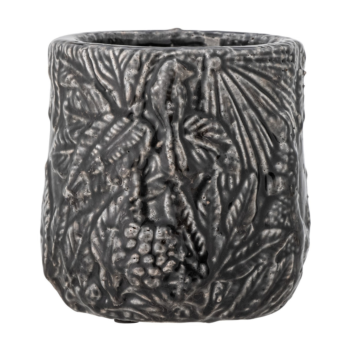 Nikou Terracotta Plant Pot in black, round shape with raised botanical leaf and fruit relief covering the glossy surface, shown on a plain white background.