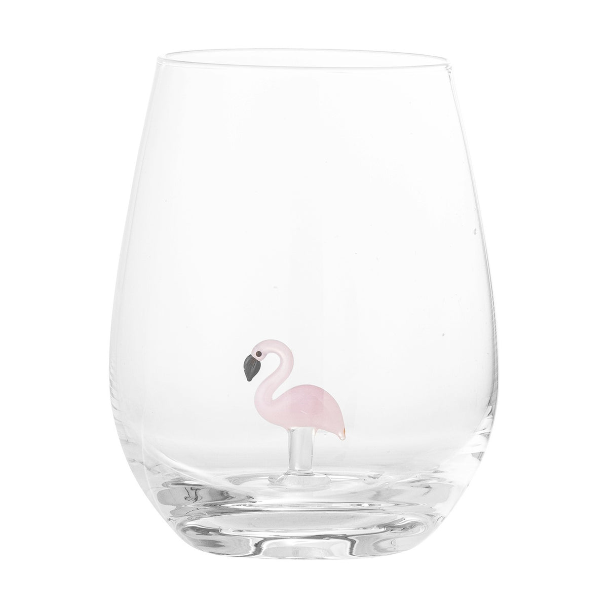 Misa Flamingo Tumbler in clear mouthblown glass with a rounded, stemless body and a small pink glass flamingo standing on a stem at the base, shown against a plain white background.