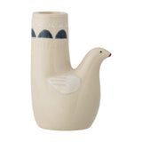 Cream stoneware candle holder shaped like a bird with a tall taper column, painted wing, dotted eye, and a banded circle and half-moon pattern near the top.