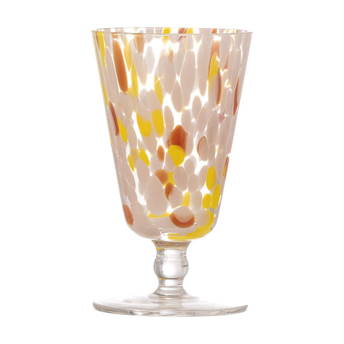 Lilya Speckled Wine Glass in pink, a glass stemmed glass with a flared, speckle-patterned bowl, rounded knop stem, and flat round foot, shown on a plain white background.
