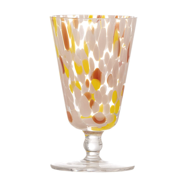 Lilya Speckled Wine Glass in pink, a glass stemmed glass with a flared, speckle-patterned bowl, rounded knop stem, and flat round foot, shown on a plain white background.