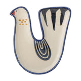 Trudy Bird Stoneware Bowl, a white ceramic trinket dish shaped like a bird with a red beak, blue outline, yellow dot details and a dark striped tail, shown on a plain white background.