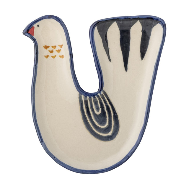 Trudy Bird Stoneware Bowl, a white ceramic trinket dish shaped like a bird with a red beak, blue outline, yellow dot details and a dark striped tail, shown on a plain white background.