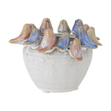Eanna Stoneware Plant Pot in white with a rim of hand-painted multicoloured birds, round bellied ceramic body, shown against a plain white background.