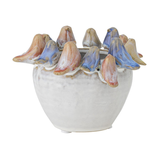 Eanna Stoneware Plant Pot in white with a rim of hand-painted multicoloured birds, round bellied ceramic body, shown against a plain white background.