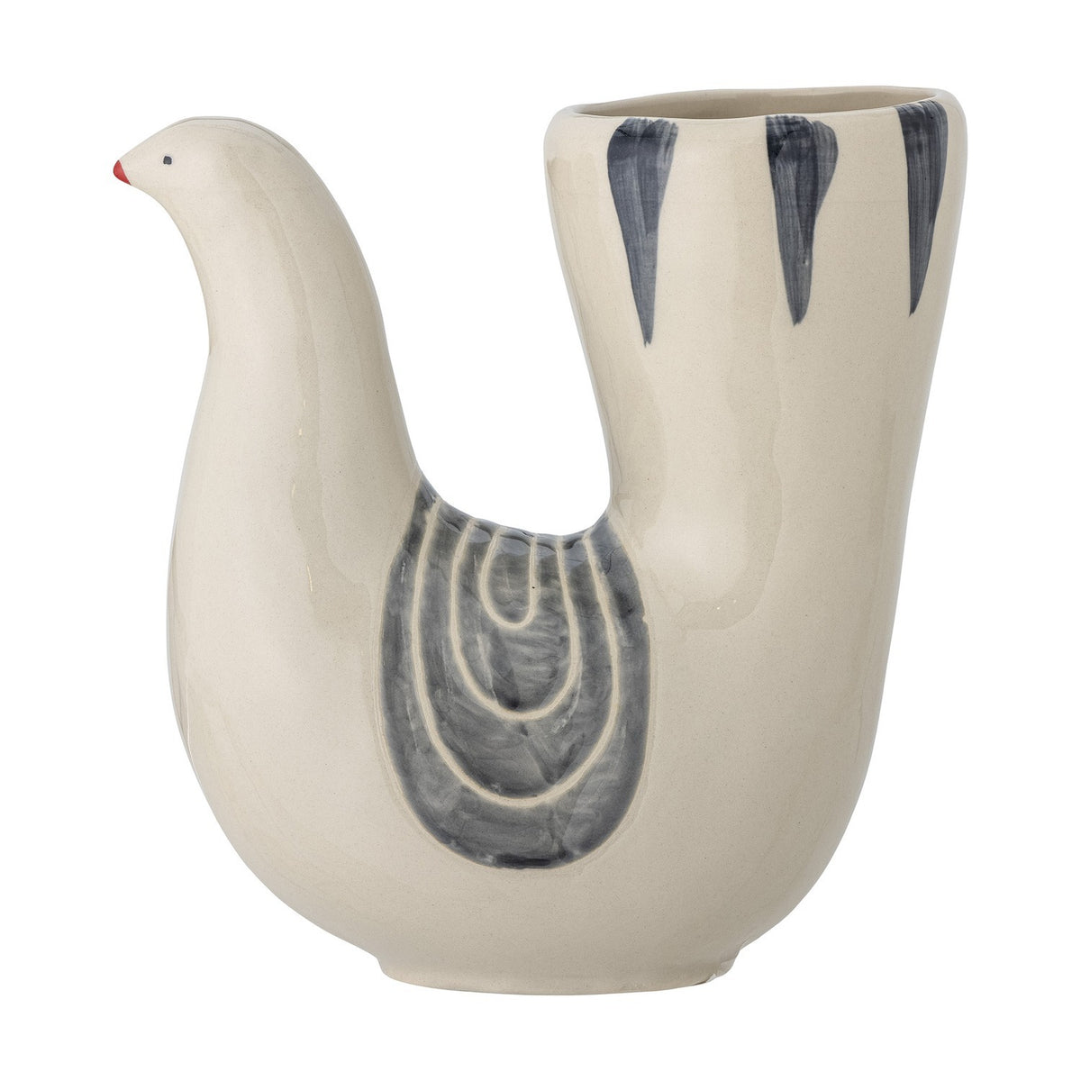Trudy Bird Stoneware Vase in cream, shaped like a bird with slender head, open tail opening, grey wing and stripe brushwork, on a plain white background.