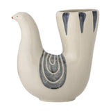 Trudy Bird Stoneware Vase in cream, shaped like a bird with slender head, open tail opening, grey wing and stripe brushwork, on a plain white background.