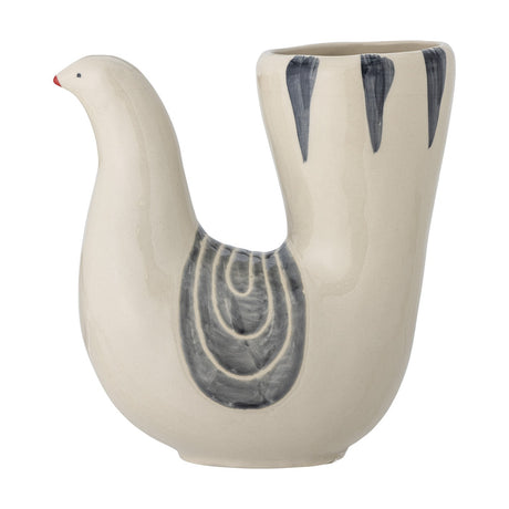Trudy Bird Stoneware Vase in cream, shaped like a bird with slender head, open tail opening, grey wing and stripe brushwork, on a plain white background.