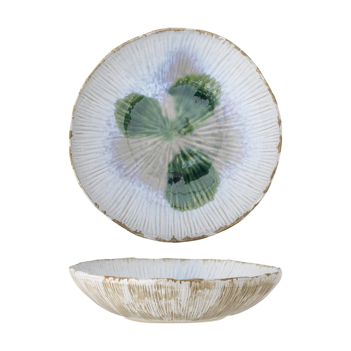 Mati Fluted Stoneware Bowl 29cm in white, shown from top and side, with ribbed fluting radiating from the centre, a green floral motif, and a wavy rim, on a plain white background.