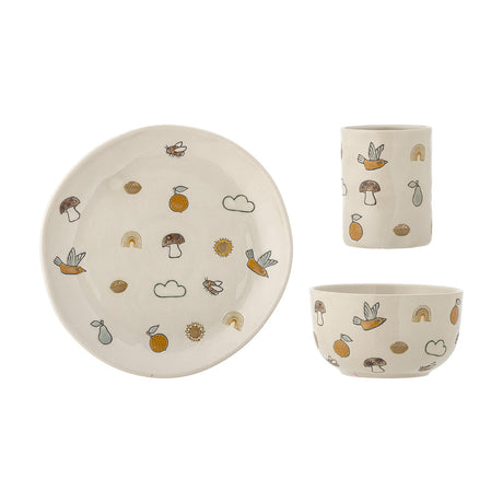 Agnes Stoneware Kids Dinner Set of 3 in cream, showing a plate, bowl and cup with hand-painted birds, mushrooms, oranges, pears and rainbows on a white background.