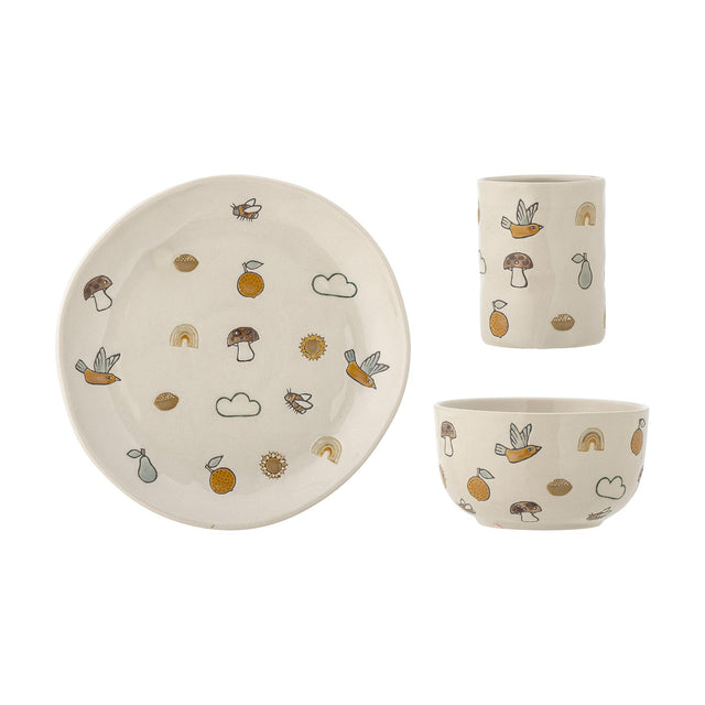 Agnes Stoneware Kids Dinner Set of 3 in cream, showing a plate, bowl and cup with hand-painted birds, mushrooms, oranges, pears and rainbows on a white background.