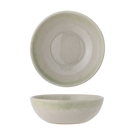 Paula Stoneware Bowl 16cm in cream, shown from above and the side, a shallow ceramic bowl with reactive glaze shading from sage green rim to speckled cream interior, on white background.