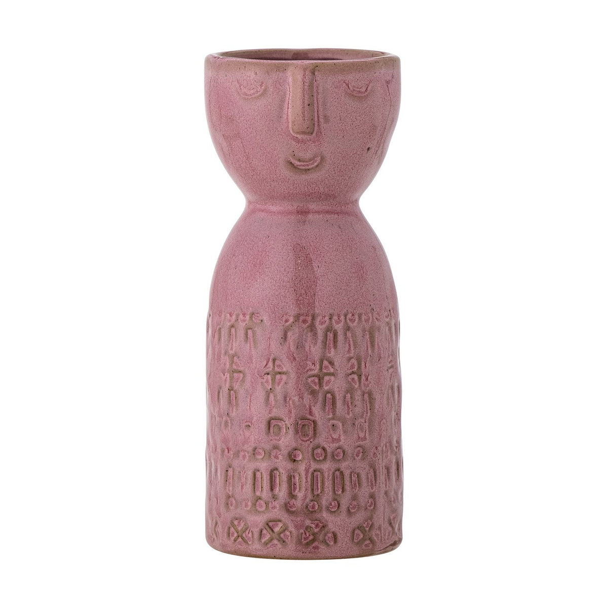 Embla Geometric Stoneware Vase in pink, 14.5cm, with a sculpted face at the neck and an embossed geometric pattern of crosses, rings and dots on the lower body, shown on a plain white background.