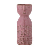 Embla Geometric Stoneware Vase in pink, 14.5cm, with a sculpted face at the neck and an embossed geometric pattern of crosses, rings and dots on the lower body, shown on a plain white background.