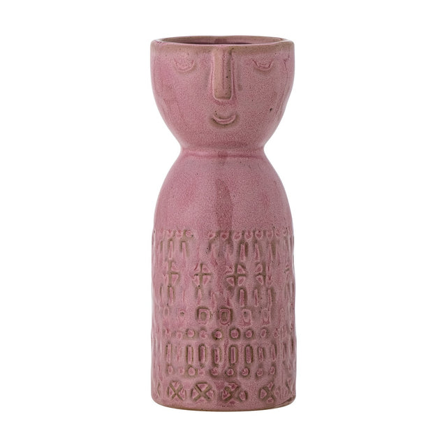 Embla Geometric Stoneware Vase in pink, 14.5cm, with a sculpted face at the neck and an embossed geometric pattern of crosses, rings and dots on the lower body, shown on a plain white background.